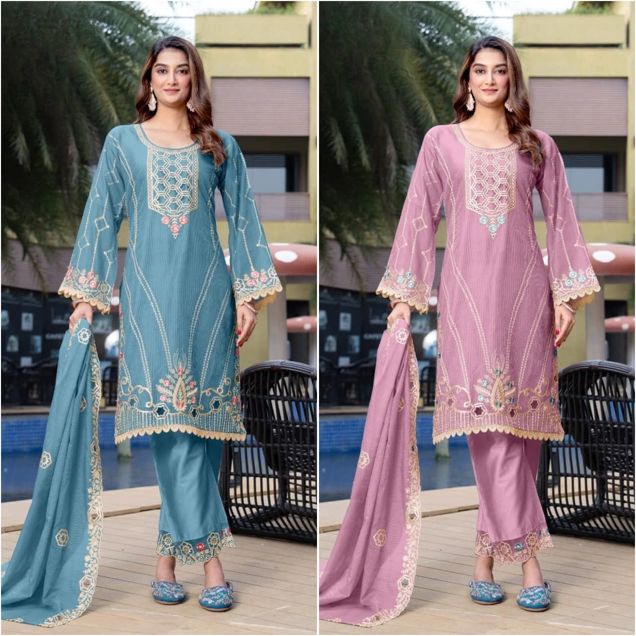 Net embroidered pakistani suit in Sky blue and Pink