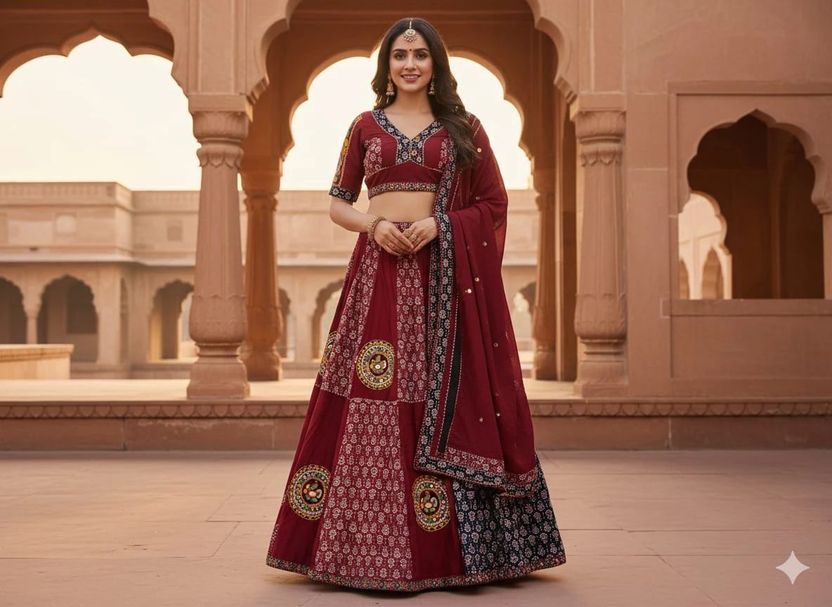 Modal Authentic Hand Blocked Ajrakh work Navratri Special Chaniya Choli